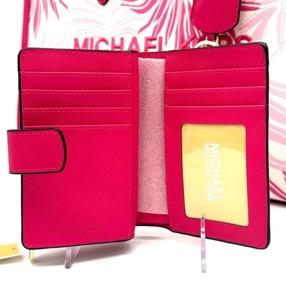 Michael Kors Medium Mirella Tote Bag & Medium Bifold Zip Chain Wallet Pink/Gold